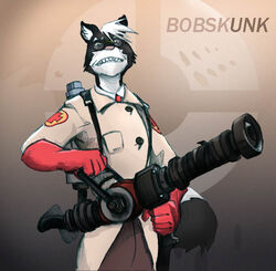 2007 anthro ayato black_body black_fur bobskunk clothing english_text eyewear fur glasses gloves handwear looking_at_viewer male mammal medi_gun medic_(team_fortress_2) mephitid skunk solo team_fortress_2 text valve