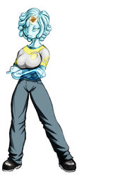 2:3 blue_body bottomwear clothed clothing crossed_arms female footwear green_eyes humanoid liquidmark looking_at_viewer monster_girl_(genre) not_furry pants shirt shoes simple_background solo source_request standing topwear translucent translucent_body white_background