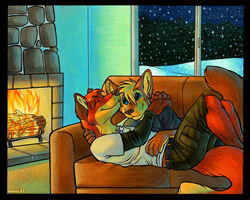 2007 5:4 anthro blue_eyes canid canine closed_eyes clothing cuddling detailed_background duo embrace fire fireplace fox furniture hug inside keovi lying male male/male mammal night on_back romantic romantic_ambiance romantic_couple smile snow snowing sofa tail winter