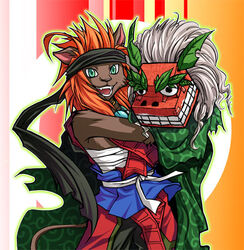 anthro asian_mythology domestic_cat duo east_asian_mythology embrace fangs felid feline felis foo_dog hair hug kabuto0495 low_res male mammal mythology open_mouth shishi_dog spirit standing teeth warrior white_hair