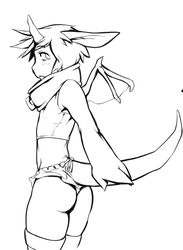 anthro ass clothed clothing devin_(onta) digital_media_(artwork) doxy dragon femboy hair horn looking_back male membrane_(anatomy) membranous_wings midriff monochrome mythological_creature mythological_scalie mythology scalie simple_background skimpy solo source_request tail unigan wings