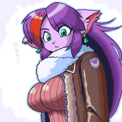 1:1 anthro aviator_jacket big_breasts breasts clothing digital_media_(artwork) domestic_cat ear_piercing ear_ring felid feline felis female glistening glistening_clothing glistening_hair green_eyes hair half-length_portrait inner_ear_fluff japanese_text long_hair low_res mammal multicolored_hair oekaki piercing pixel_(artwork) portrait purple_hair ramu red_hair ring_piercing scarf simple_background solo text tight_clothing toysaurer translated tuft white_background