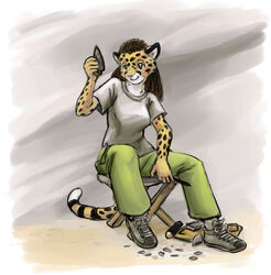 anthro archaeologist biped bottomwear brown_eyes brown_hair cheetah clothed clothing felid feline female flint_knapping footwear fully_clothed furniture hair holding_object long_hair mammal mishakun pants shirt shoes sitting smile solo stool tail topwear trella