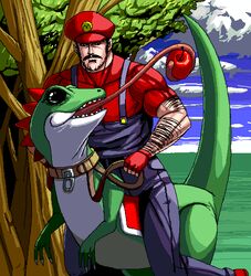 apple digital_media_(artwork) duo feral food fruit green_yoshi human long_tongue looking_at_viewer male mammal mario mario_bros mario_calimocho muscular muscular_male nintendo oekaki outside parody plant prehensile_tongue realistic reptile riding scalie sky straddling tail tongue unknown_artist yoshi