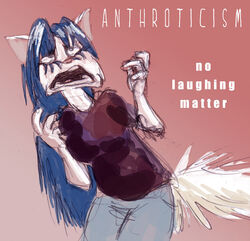 anthro biped blue_hair bottomwear clothed clothing d: domestic_cat english_text felid feline felis female fur hair long_hair mammal meme open_mouth pants pink_background pink_nose pose scared screaming shirt simple_background solo sonderjen standing tail teeth text the_more_you_know topwear white_body white_fur