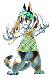 accessory anthro belt biped bottomless bottomwear claws clothed clothing digital_media_(artwork) domestic_cat felid feline felis female full-length_portrait headband hybrid lagomorph leporid long_claws mammal plaid portrait rabbit skirt solo tail tokiya_sakuba