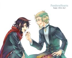  2boys blush box brown_hair cape chocolate commentary_request copyright_name earrings elliot_nightray eyewear_on_head feeding formal glasses grey_hair jewelry leo_(pandora_hearts) male_focus multiple_boys necktie open_mouth pandora_hearts simple_background suit surfacage white_day 