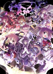  6+girls akemi_homura akemi_homura_(magical_girl) argyle_clothes argyle_legwear armor belt black_hair blonde_hair blue_eyes book boots bow braid breasts buckle cape closed_eyes commentary_request crossover debris detached_sleeves dress drill_hair elbow_gloves electricity everyone fate_testarossa faulds fingerless_gloves frills gauntlets gloves glowing graf_eisen gun hair_ornament hair_ribbon hairband hairbow hammer hat highres kaname_madoka kazekawa_nagi laevatein_(nanoha) light_particles long_hair long_sleeves lyrical_nanoha magic_circle magical_girl magical_musket mahou_shoujo_lyrical_nanoha mahou_shoujo_lyrical_nanoha_a&#039;s mahou_shoujo_madoka_magica mahou_shoujo_madoka_magica_(anime) medium_breasts miki_sayaka miki_sayaka_(magical_girl) mitakihara_school_uniform multiple_girls oerba_yun_fang pantyhose pink_hair polearm ponytail puffy_sleeves purple_eyes red_eyes red_hair ribbon sakura_kyoko sakura_kyoko_(magical_girl) school_uniform schwertkreuz shield short_hair short_twintails signum skirt smile soul_gem spear staff striped sword takamachi_nanoha thighhighs tome_of_the_night_sky tomoe_mami tomoe_mami_(magical_girl) twin_braids twin_drills twintails vertical_stripes very_long_hair vita_(nanoha) walpurgisnacht_(madoka_magica) weapon yagami_hayate yellow_eyes 