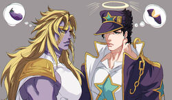  2boys black_hair blonde_hair chains colored_skin commentary_request dio_brando eggplant facial_mark food gakuran halo hat heaven_ascended_dio jojo_no_kimyou_na_bouken jojo_no_kimyou_na_bouken:_eyes_of_heaven kujo_jotaro less_end long_hair male_focus multiple_boys photoshop_(medium) purple_skin scar scar_on_neck school_uniform stone_ocean sweet_potato 