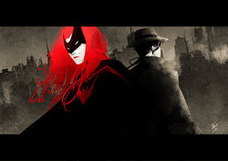  2girls back-to-back batman_(series) batwoman black_hair cape city coat couple dc_comics fedora female hat kate_kane mask multiple_girls red_hair renee_montoya standing the_question 