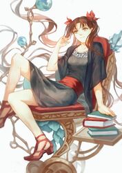  absurdly_long_hair blue_eyes book brown_hair commentary dress english_commentary fate/stay_night fate_(series) female folie_(cac82622) hair_ribbon long_hair long_legs ribbon solo tohsaka_rin two_side_up very_long_hair 