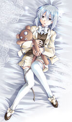  bed_sheet bow commentary_request echo_(pandora_hearts) female grey_eyes jyanta_(pandora_hearts) necktie on_bed open_mouth pandora_hearts piyo_(hitujirou-tuusin) short_hair solo stuffed_animal stuffed_toy teddy_bear thighhighs white_hair white_thighhighs zettai_ryouiki 