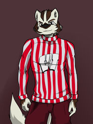  3:4 american_football anthro arrwulf badger basketball black_body black_fur bucky_badger clothed clothing college_football fully_clothed fur hi_res looking_at_viewer male mammal mascot mustelid musteline ncaa pattern_clothing pattern_shirt pattern_topwear red_background shirt simple_background solo sport striped_body striped_clothing striped_fur striped_shirt striped_topwear stripes topwear university_of_wisconsin white_body white_fur wisconsin wisconsin_badgers 