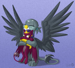  2017 avian beak closed_eyes duo feathered_wings feathers felid female feral friendship_is_magic gabby_(mlp) gryphon hasbro hi_res hug mammal my_little_pony mythological_avian mythological_creature mythological_sphinx mythology purple_background simple_background sirzi sphinx_(mlp) tail textured_background wings 