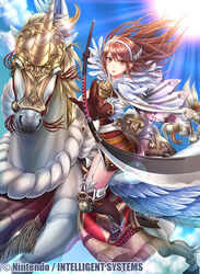  armor boots caeldori_(fire_emblem) commentary_request feathers female fire_emblem fire_emblem_cipher fire_emblem_fates fumi_(butakotai) garter_straps gloves holding holding_polearm holding_weapon horseback_riding japanese_armor kusazuri lips long_hair naginata official_art pegasus pegasus_knight_uniform_(fire_emblem) photoshop_(medium) polearm red_eyes red_hair riding solo thigh_boots thighhighs thighs weapon zettai_ryouiki 