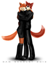  2013 anthro blue_eyes boots bottomwear canid canine clothed clothing cuddling dan_scarlet duo female footwear fox fully_clothed fur green_eyes hair hi_res hug jacket leather leather_clothing leather_jacket leather_topwear love male male/female mammal orange_body orange_fur pants ponytail red_body red_fur romantic romantic_ambiance romantic_couple simple_background skirt smile text topwear white_background 