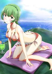  all_fours aoki_hagane_no_arpeggio ass bikini commentary_request cushion drink female green_eyes green_hair highres ju_(old505) nachi_(aoki_hagane_no_arpeggio) short_hair solo swimsuit 