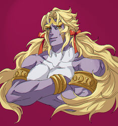  1boy alternate_hairstyle armband blonde_hair bow colored_skin commentary_request dio_brando facial_mark hairbow heaven_ascended_dio jojo_no_kimyou_na_bouken jojo_no_kimyou_na_bouken:_eyes_of_heaven less_end long_hair male_focus muscular photoshop_(medium) purple_skin solo twintails 