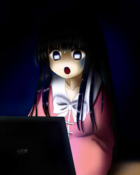  :o black_eyes black_hair bow computer female houraisan_kaguya laptop lolicon long_hair neko_miyabi_(artist) open_mouth reflection solo surprised touhou 