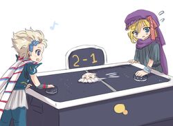  2boys :o air_hockey air_hockey_mallet armor blonde_hair blue_eyes ceodore_harvey commentary_request final_fantasy final_fantasy_iv final_fantasy_iv:_the_after_years flying_sweatdrops fusoya hat hooded_man kain_highwind long_hair male_focus minnku multiple_boys open_mouth scoreboard simple_background smile standing upper_body veil white_background 