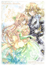  1boy ada_vessalius blonde_hair bow bridal_gauntlets commentary_request copyright_name dress female flower formal hair_over_one_eye heterochromia holding_hands jewelry long_hair long_sleeves necklace necktie pandora_hearts piyo_(hitujirou-tuusin) red_eyes smile vincent_nightray yellow_eyes 