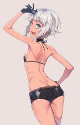  :d arched_back ass bad_id bad_pixiv_id belt bikini bikini_top_only black_bikini black_gloves blue_eyes breasts cowboy_shot dark-skinned_female dark_skin female gloves hand_on_own_hip hand_up highres nora_(supernew) oerba_yun_fang open_mouth original ribs short_hair short_shorts shorts sideboob simple_background small_breasts smile solo supernew swimsuit white_hair 