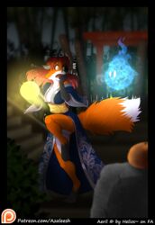  aeril_(helios) anthro asian_clothing azaleesh canid canine clothing digital_media_(artwork) duo east_asian_clothing female forest fox full-length_portrait fur ghost hair hi_res japanese_clothing kimono lamp lantern mammal offering_(disambiguation) open_mouth orange_body orange_fur outside plant portrait red_fox red_hair scared solo_focus spirit stairs text tree true_fox url yellow_eyes 