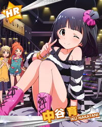  3girls ;) artist_request black_hair bracelet brown_eyes brown_hair character_name idolmaster idolmaster_million_live! jewelry multiple_girls nakatani_iku official_art ogami_tamaki one_eye_closed smile suou_momoko tint_me_(idolmaster) v 