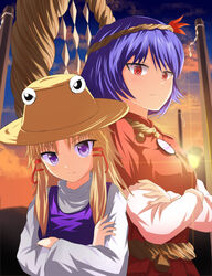  2girls absurdres bad_id bad_pixiv_id blonde_hair blue_hair crossed_arms hat highres moriya_suwako multiple_girls onbashira photoshop_(medium) purple_eyes red_eyes rope shimenawa short_hair smile sun tied_hair touhou twilight ucukrtz yasaka_kanako 