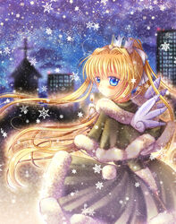  air_(visual_novel) bad_id bad_pixiv_id blonde_hair blue_eyes candle commentary_request crown female hinokami_sakura kamio_misuzu long_hair looking_back photoshop_(medium) ponytail snowflakes solo very_long_hair wings winter_clothes 