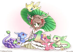  ahoge animal_ears antler_ornament antlers bell berry_dragon_(p&amp;d) blue_eyes blueberry bow brown_hair collar commentary_request dated deer_ears dragon facial_mark female flower food fruit fur_trim grape_dragon_(p&amp;d) grapes green_eyes hair_flower hair_ornament hair_ribbon hair_up hairband holding holding_umbrella horns japanese_clothes jingle_bell kano_(p&amp;d) kimono leaf lemon lemon_dragon_(p&amp;d) lemon_slice long_hair long_sleeves looking_at_viewer melon_dragon_(p&amp;d) obi oil-paper_umbrella open_mouth pink_eyes purple_bow purple_eyes puzzle_&amp;_dragons red_flower ribbon sash simple_background sitting sleeves_past_wrists smile star_(symbol) star_hair_ornament strawberry_dragon_(p&amp;d) text_focus tongue tongue_out umbrella white_background white_bow yamamoto yellow_eyes yellow_ribbon 