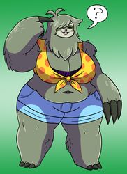  anthro barefoot belly big_breasts biped blush breasts claws cleavage closed_eyes clothed clothing feet female fur gradient_background grepstrash grey_body grey_fur hair hair_over_eye huge_breasts mammal navel one_eye_obstructed open_mouth overweight overweight_anthro overweight_female pilosan question_mark shirt simple_background slightly_chubby sloth smile solo speech_bubble three-toed_sloth tied_shirt topwear xenarthran 