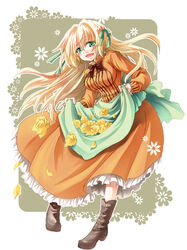  ada_vessalius blonde_hair boots bow breasts commentary_request dress female flower green_eyes hair_ornament hair_ribbon long_hair medium_breasts open_mouth pandora_hearts piyo_(hitujirou-tuusin) ribbon smile 