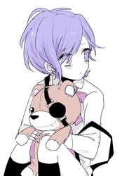  1boy amo_(yellowpink_a) bags_under_eyes black_legwear bowtie collared_shirt diabolik_lovers eyepatch kneehighs knees_up lolicon male_focus monochrome sakamaki_kanato simple_background sitting solo stuffed_animal suspenders teddy_(diabolik_lovers) white_background younger 