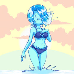  1:1 2015 adventure_time bikini blue_hair blush cartoon_network clothed clothing cloud elemental_creature elemental_humanoid female goo_hair hair hi_res humanoid liquid_hair looking_at_viewer navel not_furry nymph one_eye_closed open_mouth outside plagueofgripes pseudo_hair sea sky smile solo sun swimwear topless unnamed_water_nymph_(at) water water_creature water_humanoid water_nymph wink 