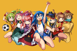  6+girls :d american_flag american_flag_print american_flag_shirt animal_ears ball bell blonde_hair blue_eyes blue_hair brown_eyes brown_hair cat_ears clenched_hands collar commentary_request dora-nichov dora-rinho dora-the-kid dora_med_iii doraemon doraemon_(character) el_matadora flag_print green_hair hair_ornament hand_up hat horns long_hair multiple_girls neck_bell one_eye_closed open_mouth personification photoshop_(medium) pink_eyes pink_hair ponytail popqn print_shirt raised_fist red_hair scarf shirt short_hair simple_background smile soccer_ball telstar the_doraemons wang_dora wrist_cuffs 