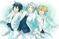  3boys blonde_hair blush brown_hair closed_eyes commentary_request elliot_nightray formal glasses grey_hair holding_hands leo_(pandora_hearts) locked_arms male_focus multiple_boys necktie omari_(maririn_hujyoshi) open_mouth oz_vessalius pandora_hearts smile suit sweatdrop white_suit 