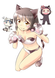  2boys anger_vein animal_ears animal_hands bandaid bikini black_cat blue_eyes blue_hair blush_stickers breasts brown_hair cat_ears cat_paws cat_tail chibi cleavage commentary_request feline female indian_style kneeling kurumaya_no_kuro medium_breasts mikeko_(cat) multiple_boys no_nose oerba_yun_fang open_mouth original paw_pose personification red_eyes short_hair simple_background sitting squiggle swimsuit tail wagahai_(cat) wagahai_wa_neko_de_aru white_background yellow_eyes yoekosukii 