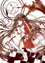  alice_(pandora_hearts) boots bow braid brown_hair checkered clock commentary_request dress female gloves lampnote17 long_hair over_shoulder pandora_hearts purple_eyes ribbon scythe solo very_long_hair weapon weapon_over_shoulder 