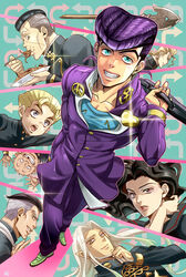  6+boys anchor_symbol arrow_(jojo) arrow_(projectile) bag black_hair blonde_hair blue_eyes bookbag commentary_request diamond_wa_kudakenai earrings eating female food food_on_face fungami_yuya gakuran green_eyes grey_hair grin hariyama_(toubou_tengoku) hazekura_mikitaka heart higashikata_josuke hirose_koichi jewelry jojo_no_kimyou_na_bouken long_hair meatball missing_tooth multicolored_hair multiple_boys nijimura_keicho nijimura_okuyasu open_mouth pasta peace_symbol plate pointy_ears pompadour purple_hair red_eyes school_uniform serafuku shiny smile smug spaghetti two-tone_hair white_hair yamagishi_yukako yangu_shigekiyo yellow_eyes zipper 