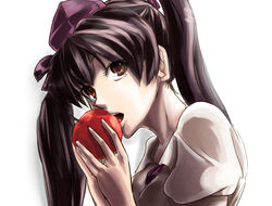  apple biting black_hair brown_eyes commentary_request female food fruit hat highres himekaidou_hatate long_hair mashitono_desu open_mouth simple_background solo tokin_hat touhou twintails upper_body white_background 