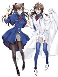  2girls adapted_costume black_hair black_legwear blue_eyes blue_legwear brown_hair cape commentary_request cosplay edogawa_conan edogawa_conan_(cosplay) glasses gloves interlocked_fingers kaitou_kid kaitou_kid_(cosplay) long_hair magic_kaito meitantei_conan monocle mouri_ran multiple_girls nakamori_aoko one_eye_closed pantyhose purple_eyes ro-a shorts thighhighs 