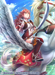  bridle caeldori_(fire_emblem) commentary_request female fire_emblem fire_emblem_cipher fire_emblem_fates fumi_(butakotai) holding holding_polearm holding_weapon horseback_riding long_hair naginata official_art pegasus pegasus_knight_uniform_(fire_emblem) photoshop_(medium) polearm red_eyes red_hair reins riding solo stirrups_(riding) weapon 