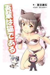  2boys anger_vein animal_ears animal_hands artist_name bandaid bikini black_cat blue_eyes blue_hair blush_stickers breasts brown_hair cat_ears cat_paws cat_tail chibi cleavage commentary_request copyright_name cover cover_page feline female indian_style kneeling kurumaya_no_kuro medium_breasts mikeko_(cat) multiple_boys no_nose oerba_yun_fang open_mouth original paw_pose personification red_eyes short_hair sitting squiggle swimsuit tail translated wagahai_(cat) wagahai_wa_neko_de_aru yellow_eyes yoekosukii 