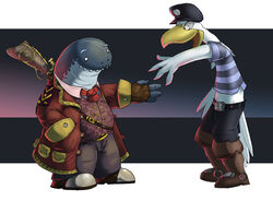 4_fingers anthro avian beak belt bird boots bottomwear cetacean clothed clothing coat duo feathers fingerless_gloves fingers footwear fully_clothed gloves gull gun hand_in_pocket handwear hat headgear headwear hyenahyena lari larid male mammal marine midriff necktie open_mouth open_smile pants pattern_clothing pattern_shirt pattern_topwear pockets ranged_weapon rifle sailor shirt side_view smile standing striped_clothing striped_shirt striped_topwear stripes teeth toony topwear vest weapon white_body white_feathers