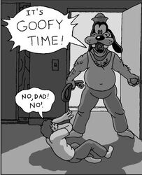 abuse animal_mask anthro belt canid canine digital_media_(artwork) disney doorway duo goofy_(disney) goofy_time hairy human humor low_res male mammal mask meme monochrome parent_(lore) parody the_parking_lot_is_full toony unknown_artist