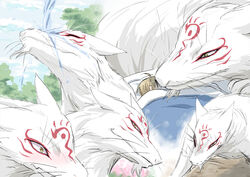 canid canine canis duo feral fox fur human madara_(natsume_yuujinchou) male mammal multiple_poses natsume&#039;s_book_of_friends pose size_difference smaller_male takashi_natsume unknown_artist white_body white_fur wolf