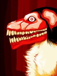 3:4 abstract_background ambiguous_gender black_hair body_horror canid canine canis chest_tuft creepy creepypasta digital_media_(artwork) domestic_dog flesh fur gore gums hair looking_at_viewer mammal meme monster nightmare_fuel open_mouth red_body red_eyes simple_background smile.dog solo teeth tongue tuft unknown_artist vector