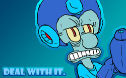 16:10 2010 blue_background capcom cephalopod coleoid cosplay crossover english_text hi_res machine male marine mega_man_(character) mega_man_(series) meme mollusk nickelodeon octopodiform on_model parody robot simple_background solo spengbab spongebob_squarepants squidward&#039;s_o-face squidward_tentacles teeth text vorkedlarfleeze widescreen