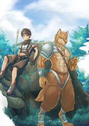 anthro armor brown_eyes canid canine canis duo hi_res human jewelry kogawa_kenji male mammal melee_weapon necklace polearm sitting staff tail weapon wolf